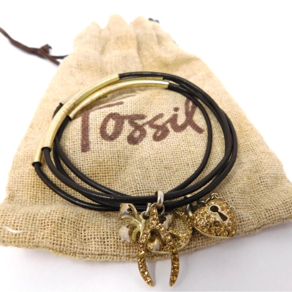 Fossil Women's Stackable Bracelets Brown Gold Peace Locket Butterfly Charms 7"